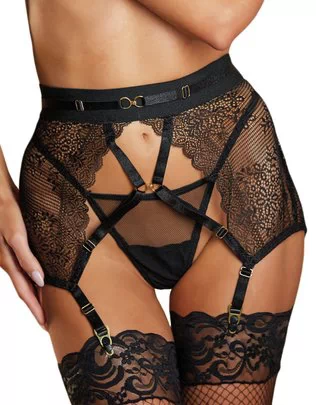Allure Lingerie Charissa black lace strappy garter belt & G-string