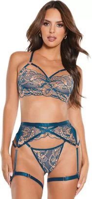 Coquette Lingerie Sinakasroheline pesukomplekt roosakaskuldsete tikanditega