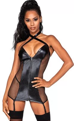 Dreamgirl black net suspender mini dress with string
