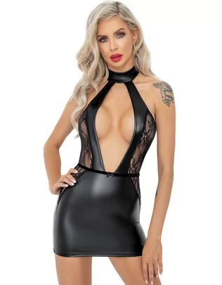 Noir Handmade black matte look mini dress with lace
