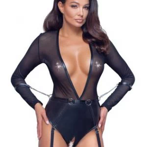 Cottelli Lingerie Bondage must avatud jalgevahega sukahoidjaga bodi