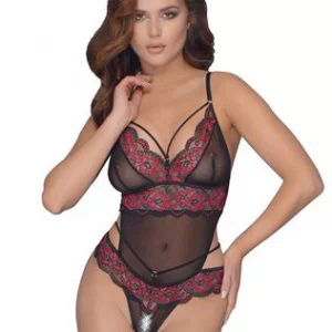 Cottelli Lingerie mustast läbipaistvast tüllist avatud jalgevahega bodi punaste tikanditega