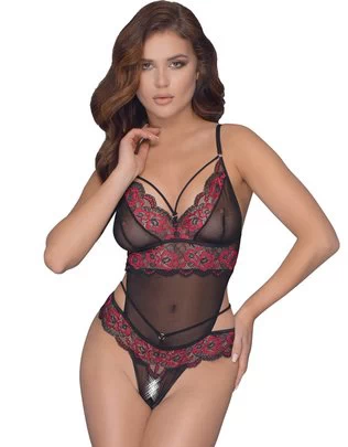 Cottelli Lingerie mustast läbipaistvast tüllist avatud jalgevahega bodi punaste tikanditega