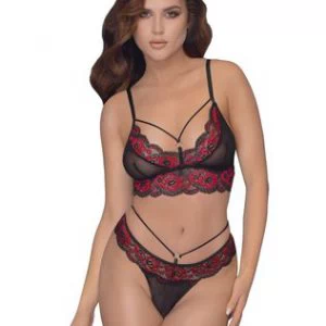 Cottelli Lingerie mustast läbipaistvast tüllist pesukomplekt punase tikandiga