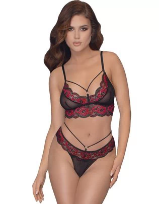 Cottelli Lingerie mustast läbipaistvast tüllist pesukomplekt punase tikandiga
