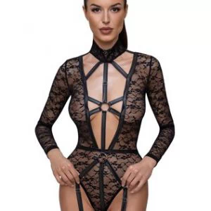 Cottelli Lingerie mustast läbipaistvast tüllist sukahoidjaga bodi