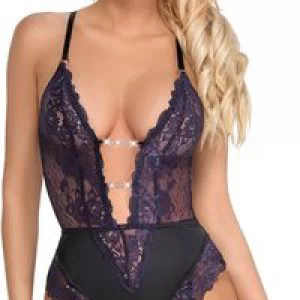Cottelli Lingerie purple lace crotchless suspender bodysuit