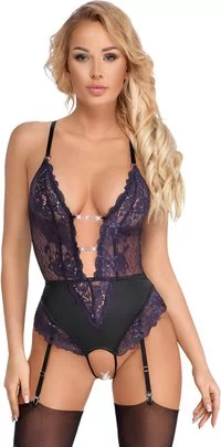 Cottelli Lingerie purple lace crotchless suspender bodysuit