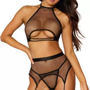 Dreamgirl mustast võrgust sukahoidjaga pesukomplekt kettidega