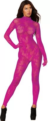 Dreamgirl pink net bodystocking with gloved sleeves