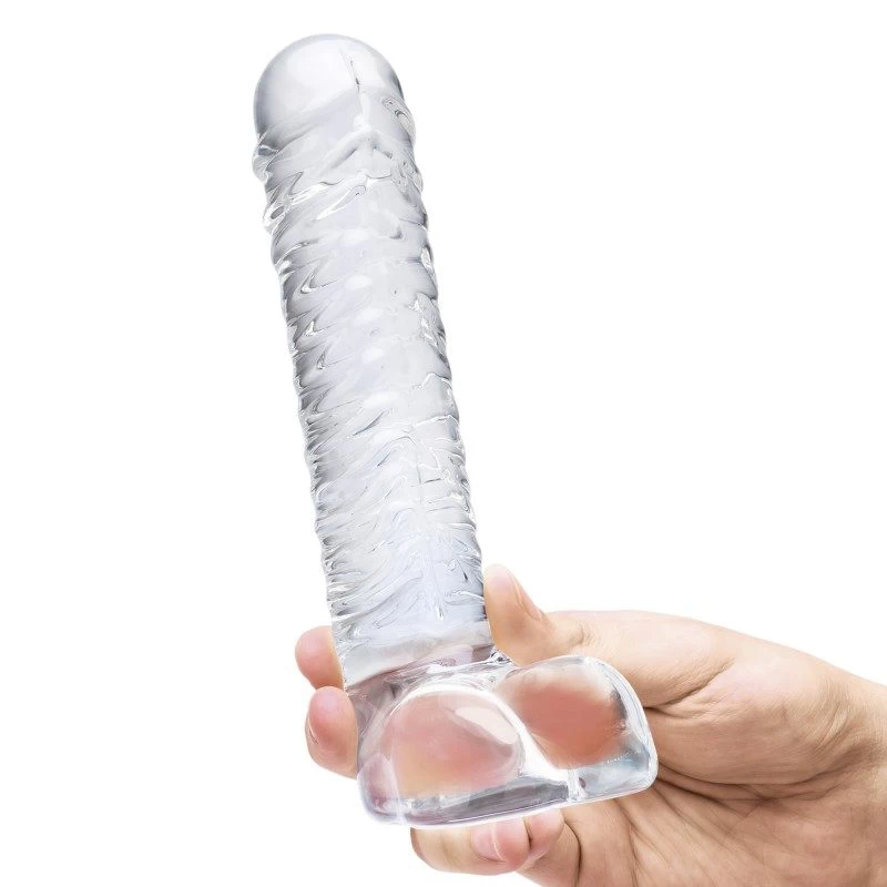 Glas - Realistic Ribbed Glass G-Spot Dildo with Balls - Image 4