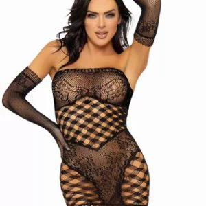 Leg Avenue Waiting Game mustast võrgust minikleit ja kindad