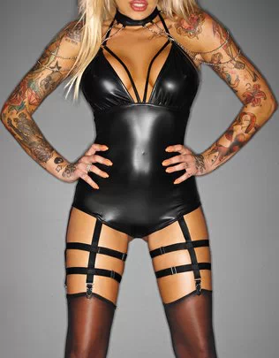 Noir Handmade black matte look bodysuit with chains and suspenders