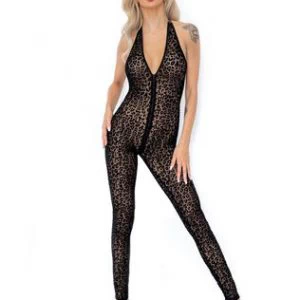 Noir Handmade black sheer mesh catsuit with flock print
