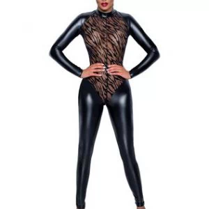 Noir Handmade must läiketa kombinesoon samettrükiga läbipaistva tülliga