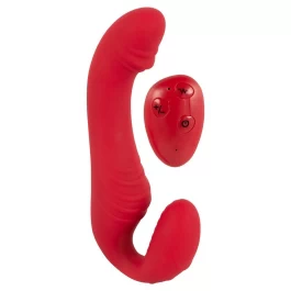 Vibratsiooniga rihmadeta puldiga punane strap-on