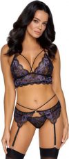 Cottelli Lingerie black lace suspender lingerie set with purple embroidery