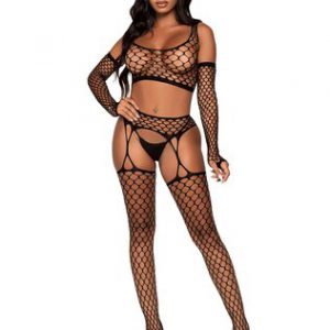 Leg Avenue mustast võrgust lühike topp kinnaste ja sukkpükstega